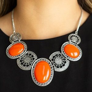 Silver and Orange Medallion Necklace/Earrings Set